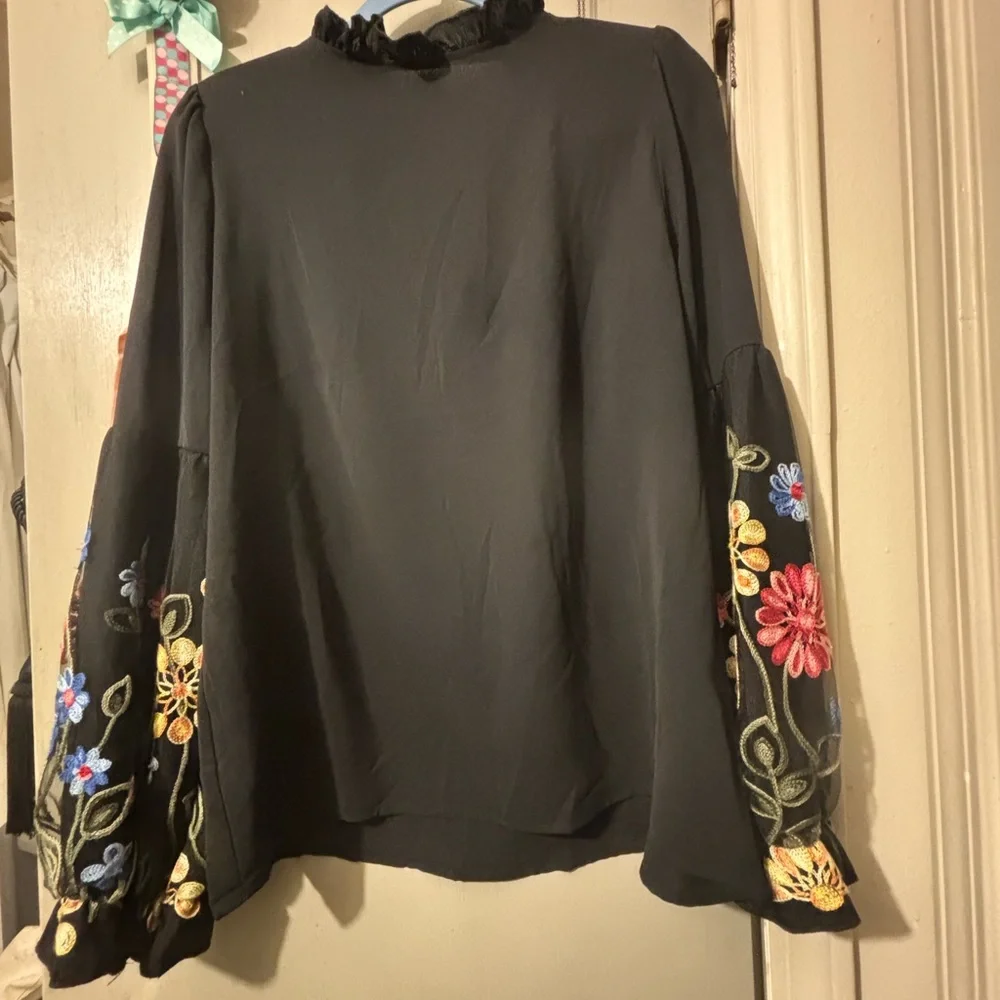 SHEIN Black Sheer Flowy Blouse with Colorful Lantern Embroidered Floral Sleeves - Picture 7 of 17